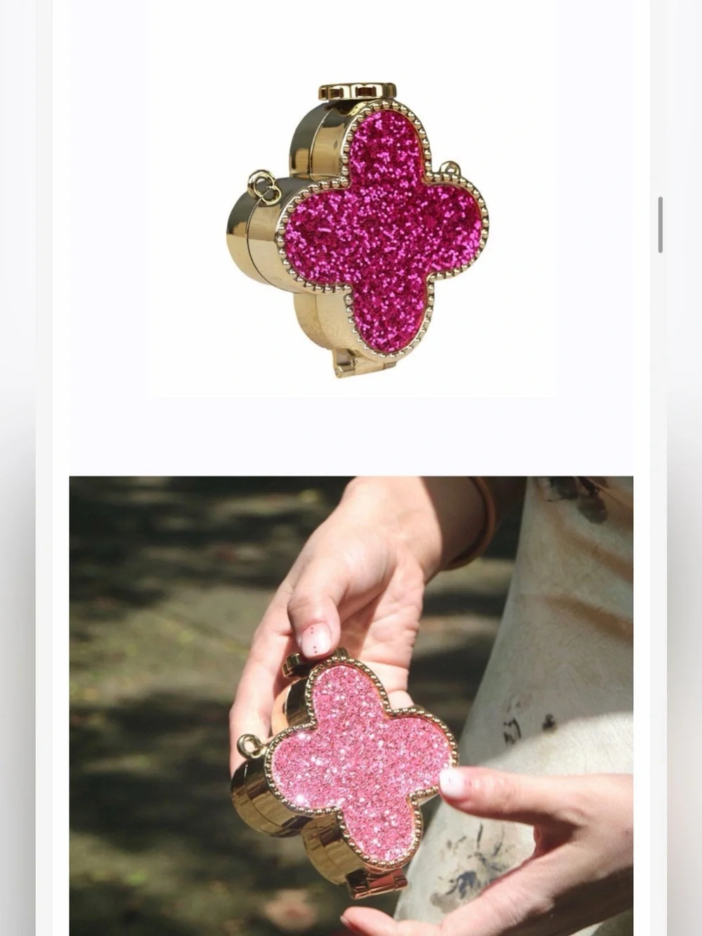 A Classy Chic Boutique Gold Clutch with Pink Glitter Clover.